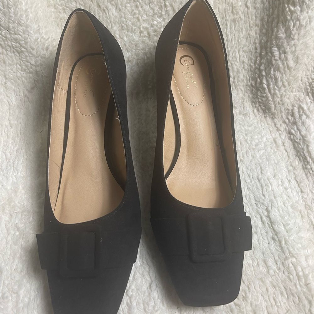 C Comfort synthetic black suede slipon heel square toe front buckle accent SZ12W